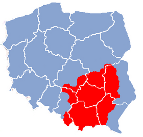 La Petite-Pologne (en rouge) par rapport aux frontières actuelles de la Pologne.