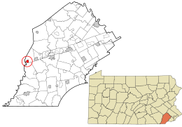 Location of Atglen in Chester County, Pennsylvania (left) and of Atglen in Pennsylvania (right)