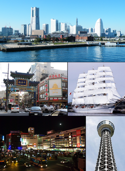 Từ trên bên trái: Minato Mirai 21, phố Tàu Yokohama , Nippon Maru, Ga Yokohama, tháp biển Yokohama