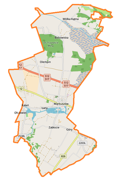 Mapa konturowa gminy Markuszów, w centrum znajduje się punkt z opisem „Markuszów”