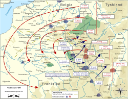 Kartskisse over Belgia og den nordlige delen av Frankrike, med tysk fremrykking etter Schlieffen-Moltkeplanen og en planlagt fransk motoffensiv