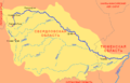 Mapa en ruso del río Turá —afluente del Tobol que es afluente del Irtish y este, a su vez, del Obi— en el que aparece a la derecha Tiumén (Тюме́нь)
