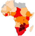 Map of Africa colored according to the percentage of the adult (ages 15–49) population with HIV/AIDS (Map of 2002).