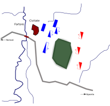 Map of Battle of Civitate (Southern Italy). Papal forces (left) with blue banners.