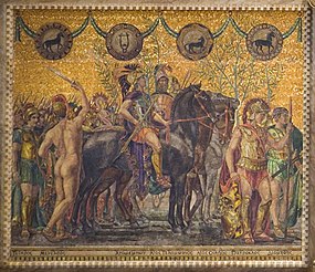 Detail of the left portion of the mosaic by Jacob Adolphus Holzer, which features Greek heroes preparing for war.