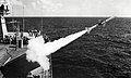 USS Mount Whitney launches a RIM-7 Sea Sparrow Missile in 1976.