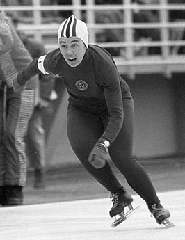 Irina Jegorova tijdens de 500 meter wedstrijd op de Olympische Spelen van 1968.