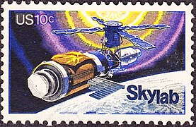 Skylab commemorative stamp, issue of 1974. The commemorative stamp reflects initial repairs to the station, including the parasol sunshade.