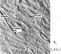 This view of the flank of Alba Mons shows several channels/troughs. Some channels are associated with lava flows; others are probably caused by running water. A large trough or graben turns into a line of collapse pits. Image is located in Arcadia quadrangle and was taken by Viking Orbiter.