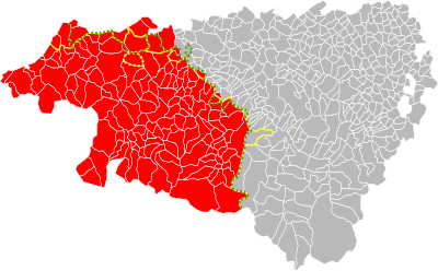 A map showing the border of Occitania which runs through the Pyrénées-Atlantiques department. Also shown are the Agglomeration Community of the Basque Country and the historical Basque provinces. The three borders roughly coincide but are not identical.