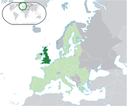 The United Kingdom (dark green) shown in relation to the European Union (light green) and other areas of Europe (dark grey)