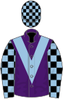 Purple, light blue chevron, black and light blue check sleeves and cap