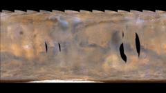 Полная карта поверхности Марса с динамикой атмосферных процессов, в том числе двух локальных пылевых бурь, с 18 февраля по 6 марта 2017 г. Составлено на основании снимков аппарата Mars Reconnaissance Orbiter.