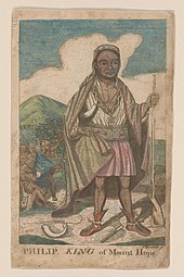 Hand-colored engraving on stained white paper of an adult American Indian man holding a rifle and leading a group of American Indians