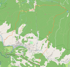 Mapa konturowa Szczawnicy, blisko centrum na dole znajduje się punkt z opisem „Szczawnica, Park Górny”