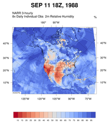 A map of North America shows high relative humidity levels in blue and low levels in red, with California and much of the American West colored dark red