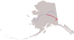 Course of the Tanana River, formed by the shorter Nabesna River (left) and Chisana River (right), then flowing northwest to meet the Yukon River