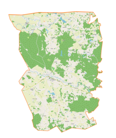 Mapa konturowa gminy Banie Mazurskie, blisko centrum na prawo u góry znajduje się punkt z opisem „Klewiny”