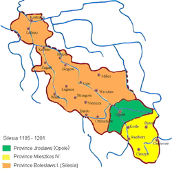 Territorial development of the Duchy of Silesia in the period 1185–1201: Fragmentation begins with Opole (green) and Racibórz (yellow) splitting off