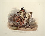 En svartfot till häst. Målning av Karl Bodmer 1840–1843.