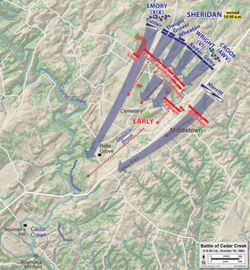 map showing Union counterattack pushing Confederates back from north of Middletown way back to Cedar Creek