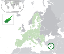 塞浦路斯的位置（深綠色） – 歐洲（綠色及深灰色） – 歐洲聯盟（綠色）  —  [圖例放大]
