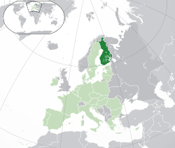 Местоположбата на  Финска  (темнозелено) – на Европскиот континент  (зелено и темносиво) – во Европската Унија  (зелено)  —  [Легенда]