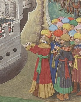 Месих-паша на миниатюре осады Родоса. Гийом Каурсин, BNF Latin 6067, fol.62v