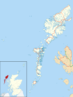 Mapa konturowa Hebrydów Zewnętrznych, u góry po prawej znajduje się punkt z opisem „Stornoway”