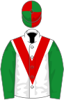 White, red chevron, green sleeves, red and green quartered cap