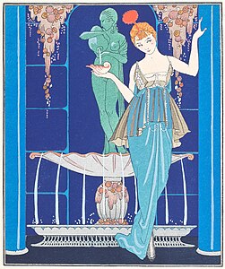 Ілюстрація Жоржа Барб'є на основі сукні, розробленої Жанною Пакен (1914 р.). Ранній ар-деко характеризується стилізованими квітковими мотивами та яскравими кольорами