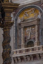 At right, two of the Solomonic columns brought to Rome by Constantine, in their present-day location on a pier in St. Peter's Basilica (Rome). In the foreground at left is part of Bernini's Baldachin, inspired by the original columns.