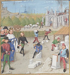 Dagobert I. ob obisku gradbišča opatije St. Denis (poslikana 1473)