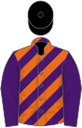 Orange, blue diagonal stripes, orange sleeves, black armlets, black cap