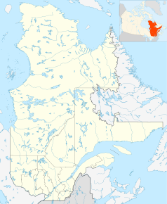 Mapa konturowa Quebecu, na dole nieco na lewo znajduje się punkt z opisem „Quebec”