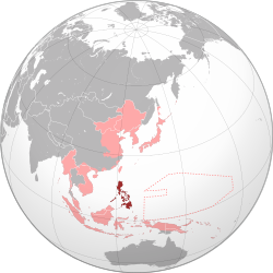 Filipina (merah gelap) dibawah Empayar Jepun (merah terang) ketika tahun puncaknya.