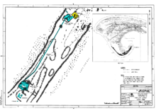 Map of Long Point showing two earthen artillery batteries and barracks connected by a long boardwalk