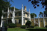 Wedding Cake House, Kennebunk, Maine. Example of a house built in an older style modified in the Carpenter Gothic style in the mid-1800s.