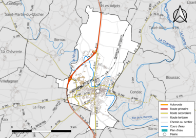 Carte en couleur présentant le réseau hydrographique de la commune