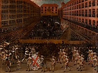 Autodafé, celebrata nel XVII secolo in una grande piazza spagnola, Escuela madrileña, 1656