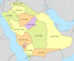 خارطةٌ توضح توزيع المناطق الإدارية في المملكة العربية السعودية.