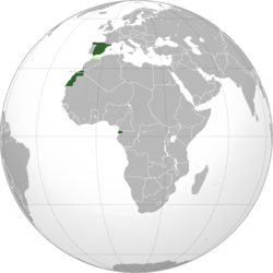 Các vùng lãnh thổ và thuộc địa của Tây Ban Nha thời Đệ nhị Cộng hòa. Lục: Lãnh thổ quốc nội (bao gồm Sahara thuộc Tây Ban Nha và Guinea thuộc Tây Ban Nha) Xanh nhạt: Bảo hộ Cam: Khu vực quốc tế