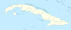 Mapa konturowa Kuby, na dole po prawej znajduje się punkt z opisem „Santiago de Cuba”