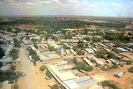 Zicht op Lodwar vanuit landend vliegtuig