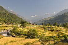 Vallée fertile avec des cultures en terrasses, quelques habitations et un passage à guet franchi par deux randonneurs, avec en arrière-plan des montagnes enneigées.