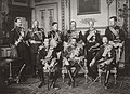 Image 26The Nine Sovereigns at Windsor for the funeral of King Edward VII, photographed on 20 May 1910. Standing, from left to right: King Haakon VII of Norway, Tsar (King) Ferdinand of the Bulgarians, King Manuel II of Portugal and the Algarve, Kaiser (Emperor) Wilhelm II of Germany, King George I of the Hellenes and King Albert I of the Belgians. Seated, from left to right: King Alfonso XIII of Spain, King George V of the United Kingdom and King Frederik VIII of Denmark. (from Monarch)