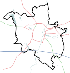 Mapa konturowa Poznania, w centrum znajduje się ikonka pałacu z opisem „Pałac Mielżyńskich”