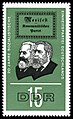 1966年，东德纪念德国统一社会党成立20周年的邮票，标题为“宣言”，邮票上印有马克思和恩格斯。
