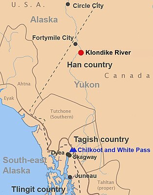 Map of people and places at the time of discovery of gold at the Klondike Yukon at the time of discovery.