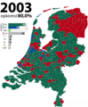 Муниципалитеты (красный цвет), выигранные PvdA на выборах 2003 года
